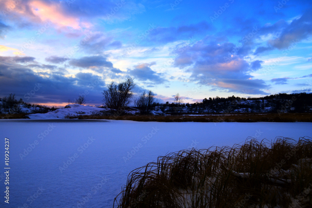 winter north lake and sunset