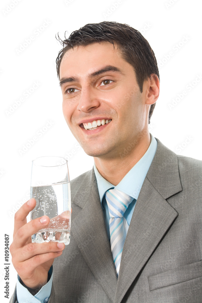 Happy smiling businessman with glass of water, isolated on white Happy smiling businessman with glass of water, isolated on white
