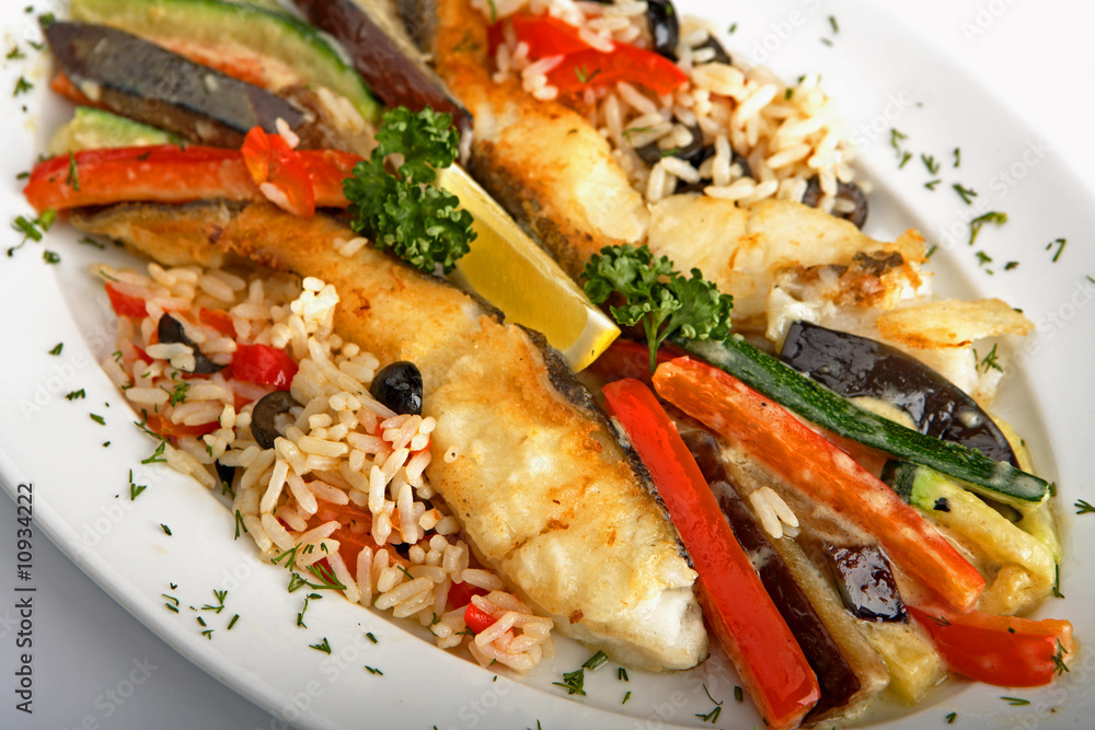 Halibut - fried a flitch with vegetables in sauce Halibut - fried a flitch with vegetables in sauce
