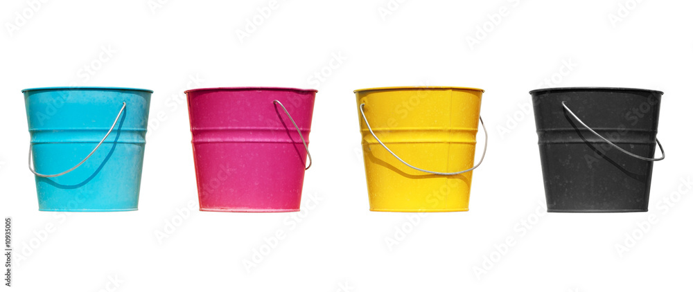 Four buckets of different colors - obrazy, fototapety, plakaty 