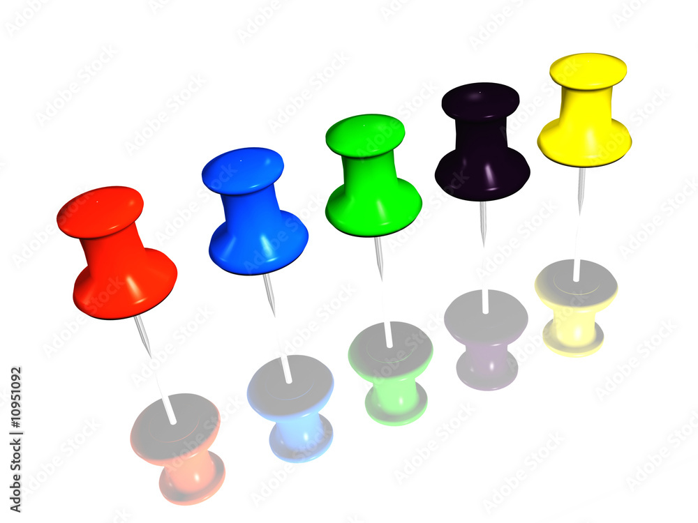 colored drawing pins with reflection