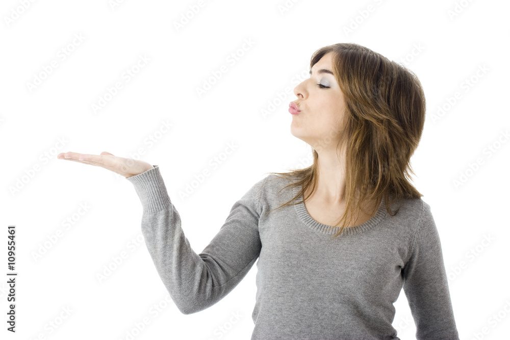 woman portrait showing something - isolated on white woman portrait showing something - isolated on white