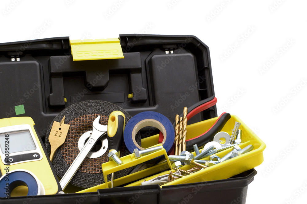 plastic toolbox and tools on white background plastic toolbox and tools on white background