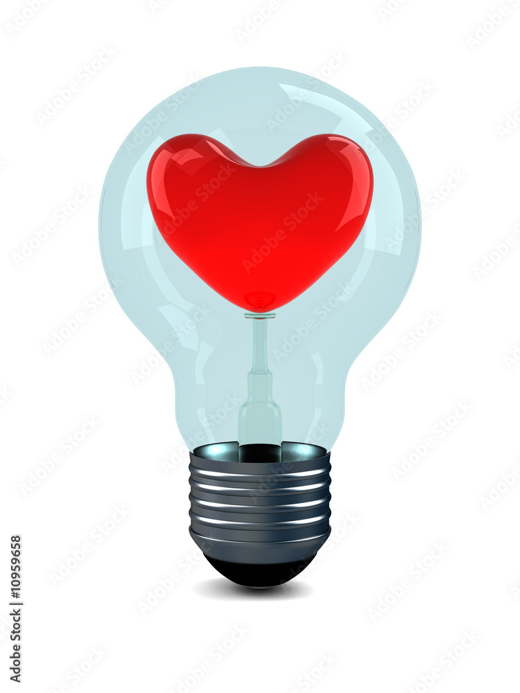 Red heart in bulb on white background. 3D image Red heart in bulb on white background. 3D image