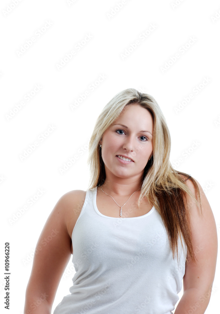blonde woman wearing a white top isolated blonde woman wearing a white top isolated