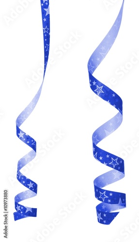 two curly blue ribbons isolated on white