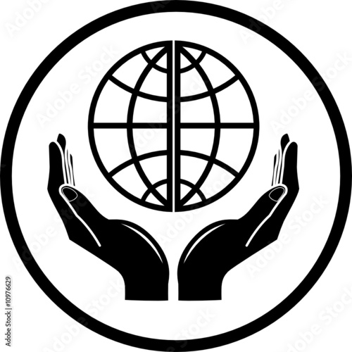 Vector globe in hands icon. Black and white. Simply change.