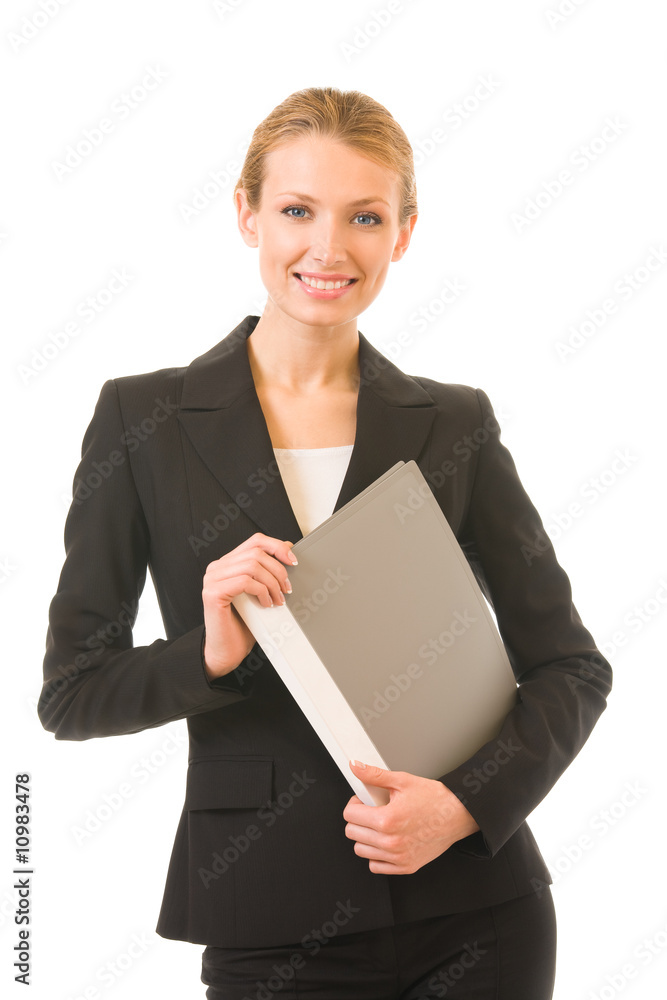 Young happy smiling businesswoman with folder, isolated Young happy smiling businesswoman with folder, isolated