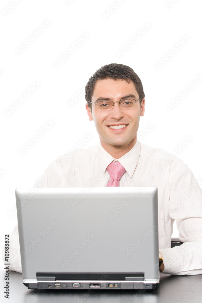 Portrait of happy smiling businessman with laptop, isolated Portrait of happy smiling businessman with laptop, isolated