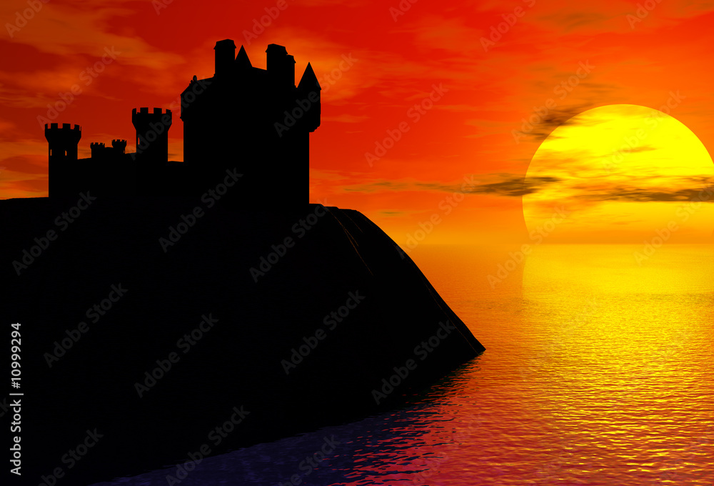 castle silhouette with sunset behind