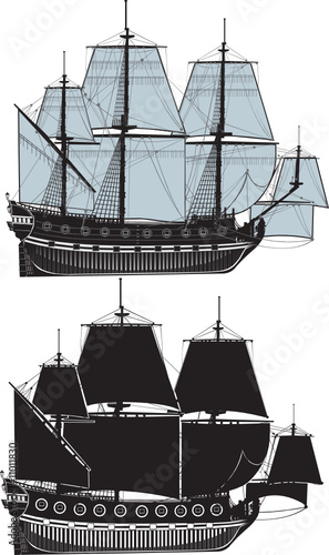 The old sailing ship. The full version and a contour