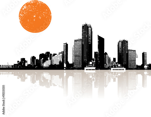 Panorama of city with sun.