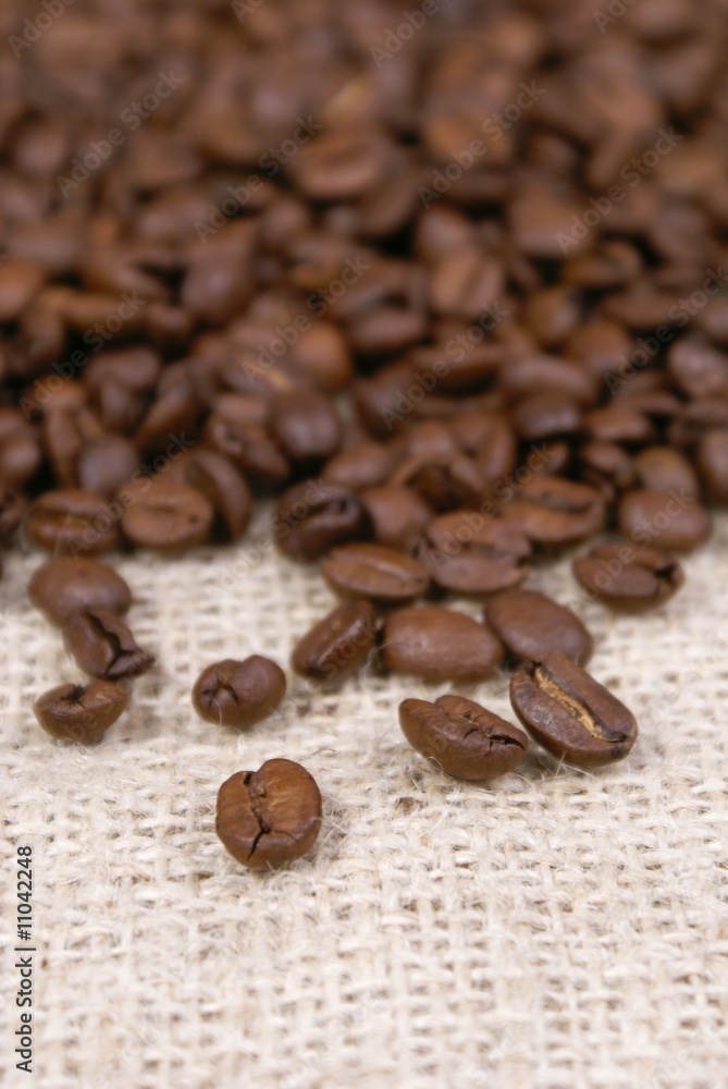 Fototapeta premium grains de café sur sac de toile
