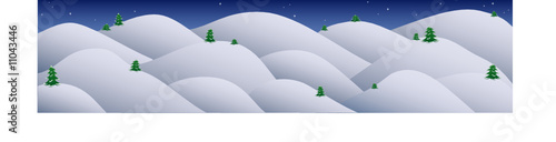 Snow hilly landscape with birches at New Year night