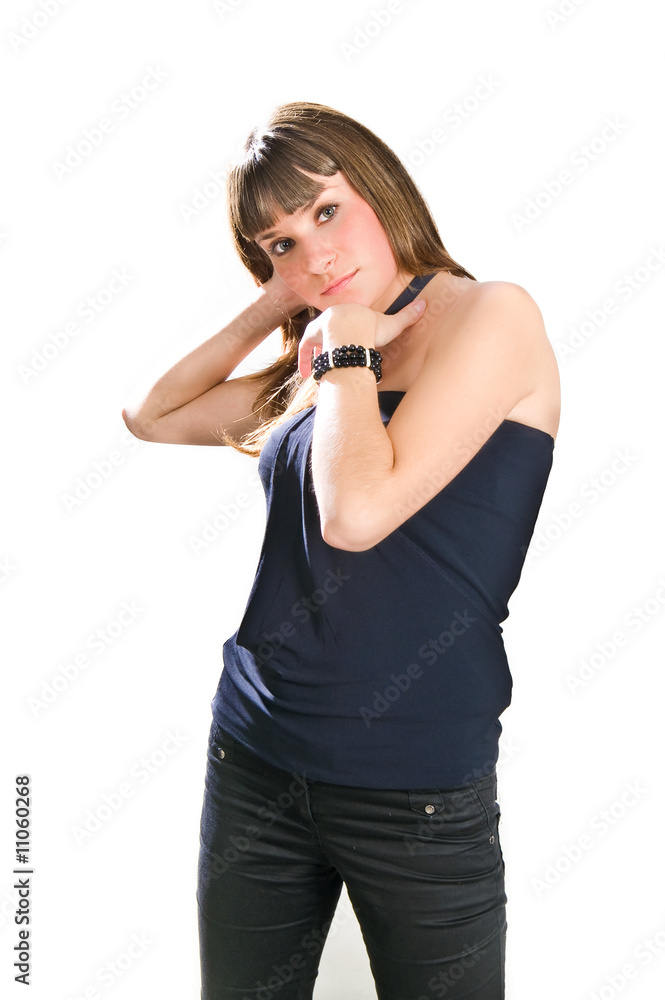 nice girl portrait standing towards head turned black jeans nice girl portrait standing towards head turned black jeans