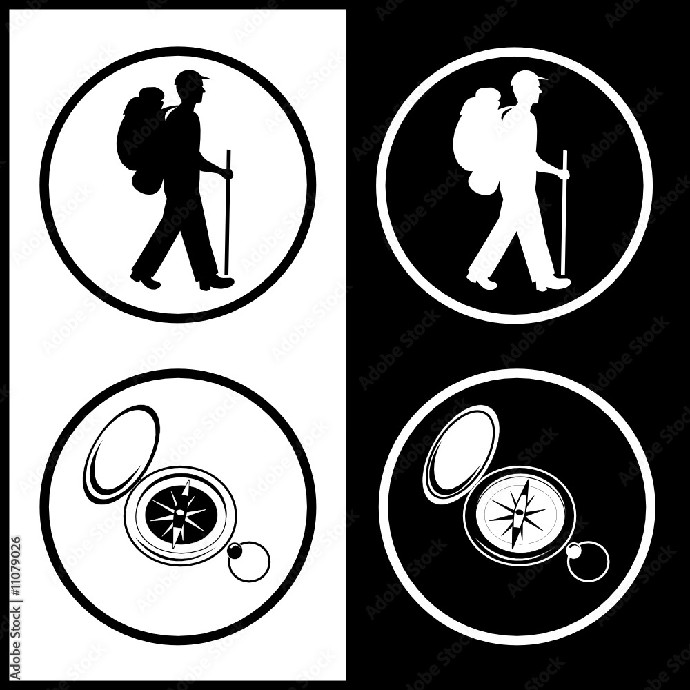 Vector traveller and compass icons. Black and white. Vector traveller and compass icons. Black and white.