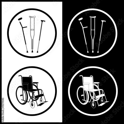 Vector crutches and invalid chair icons. Black and white.