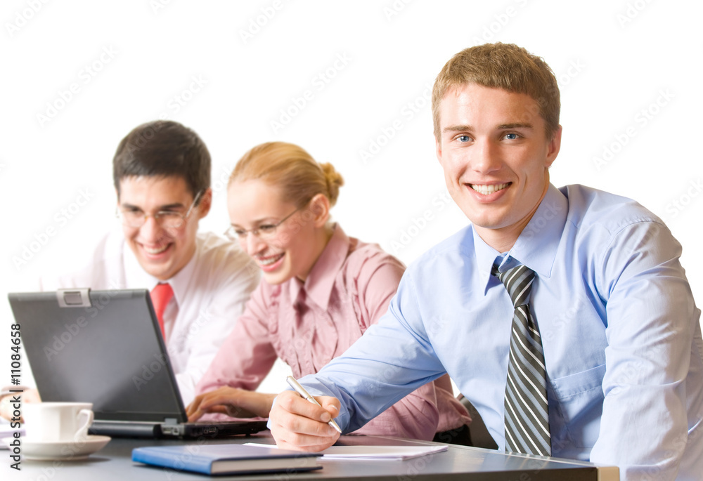 Happy successful businessteam working at office, isolated Happy successful businessteam working at office, isolated