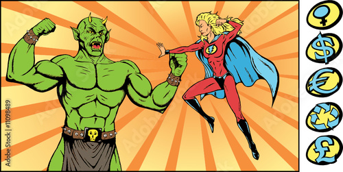 Superheroine battling a monstrous bad guy.