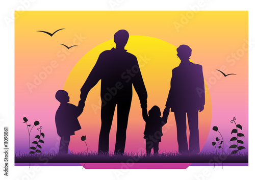 family sunset silhouette vector