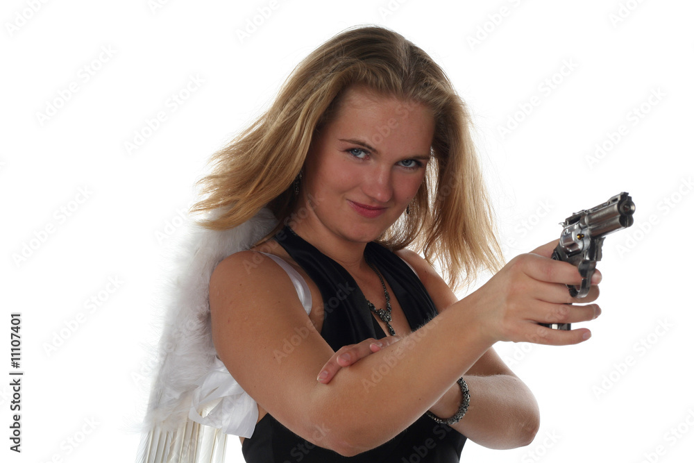 girl like an angel with pistol isolated on white background girl like an angel with pistol isolated on white background