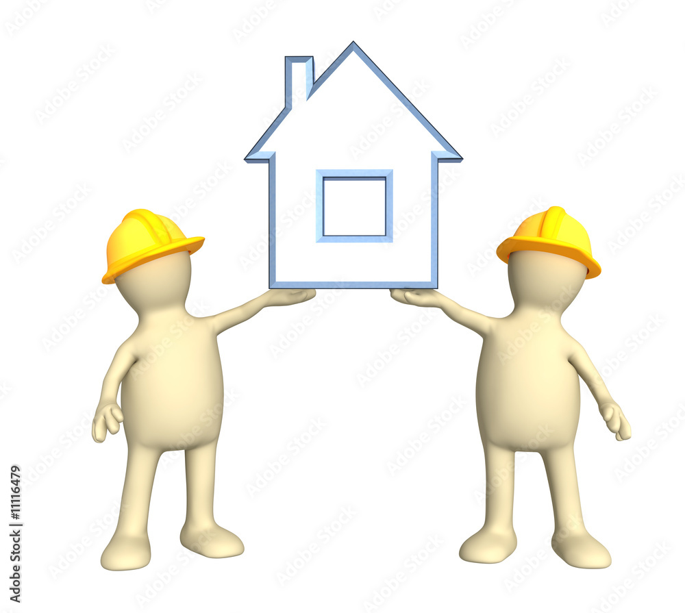 Two builders, holding in hands the stylized house Two builders, holding in hands the stylized house
