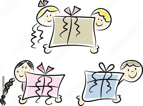 Dreiteiliges Set: Kinder überbringen Geschenke