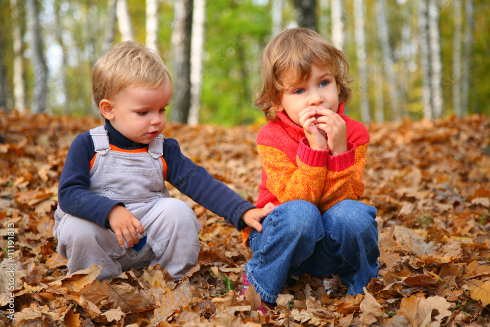 sister with brother children in autumn park sister with brother children in autumn park