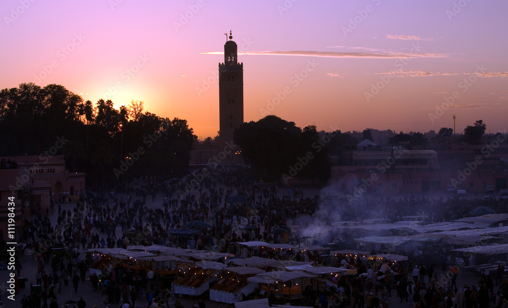 Sunset on Djemaa El-fna square and Koutoubia mosque, Marrakesh,