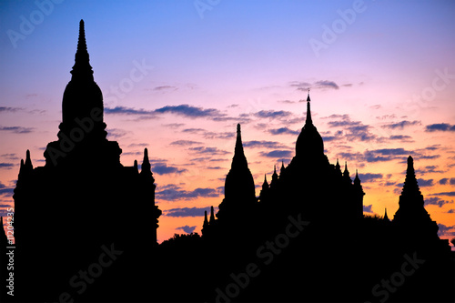 Silhouette of Buddhist Pagodas at sunrise  Bagan  Myanmar..