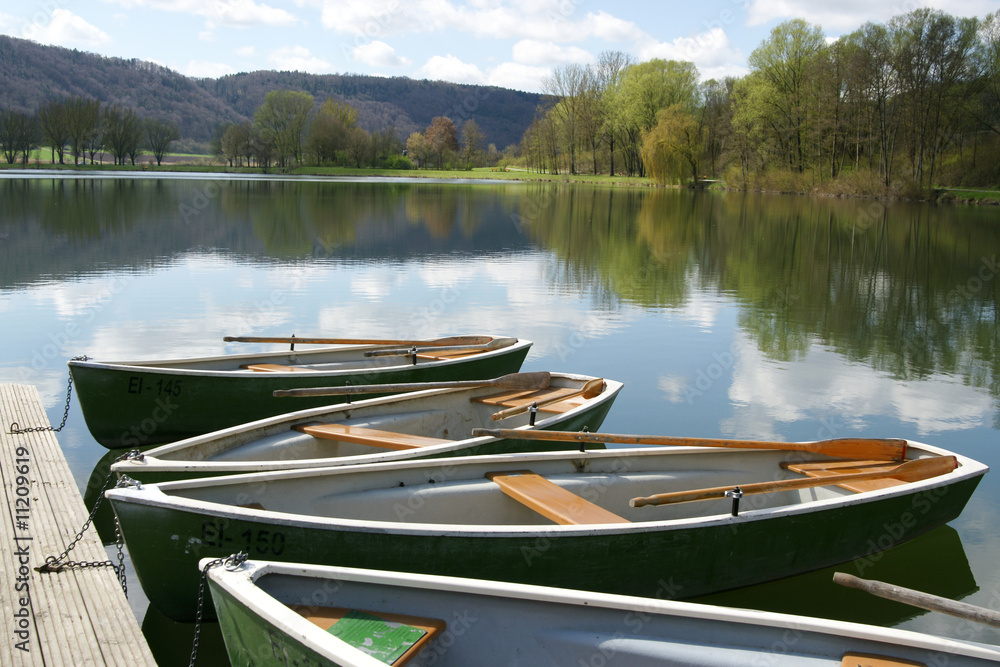 Pleasure boats in front of scenic landscape