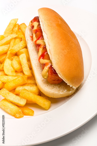 classic hot dog with mustard and ketchup and french fries