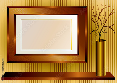 Background with wooden frame and gold vase