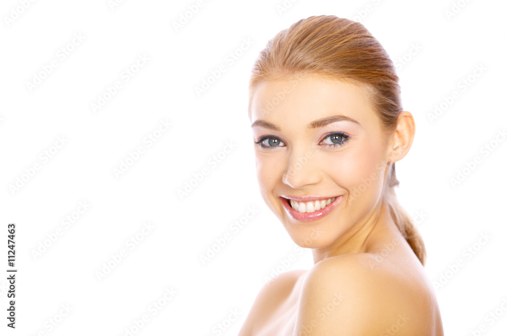 Portrait of happy blond woman smiling, isolated on white Portrait of happy blond woman smiling, isolated on white