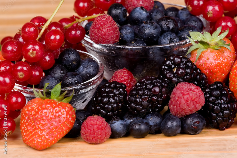 Wild fruits redcurrant, blackberry, raspberry and blueberry Wild fruits redcurrant, blackberry, raspberry and blueberry