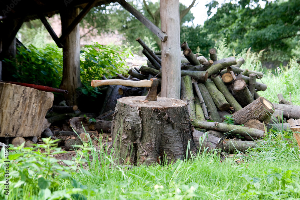 Axt auf Holzklotz in ländlicher Umgebung Axt auf Holzklotz in ländlicher Umgebung