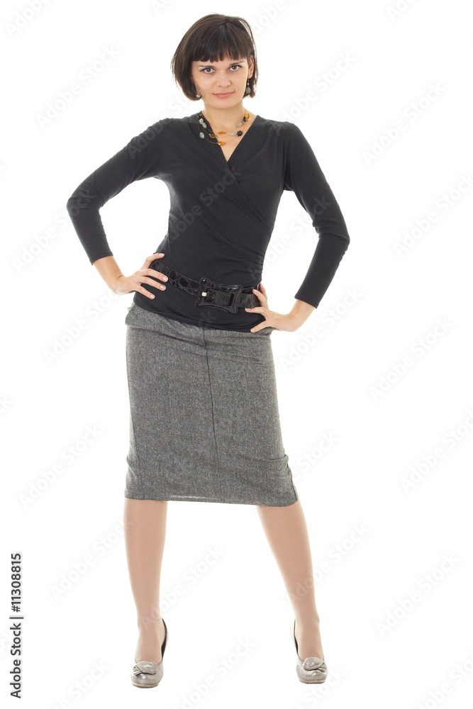 woman standing against isolated white background woman standing against isolated white background