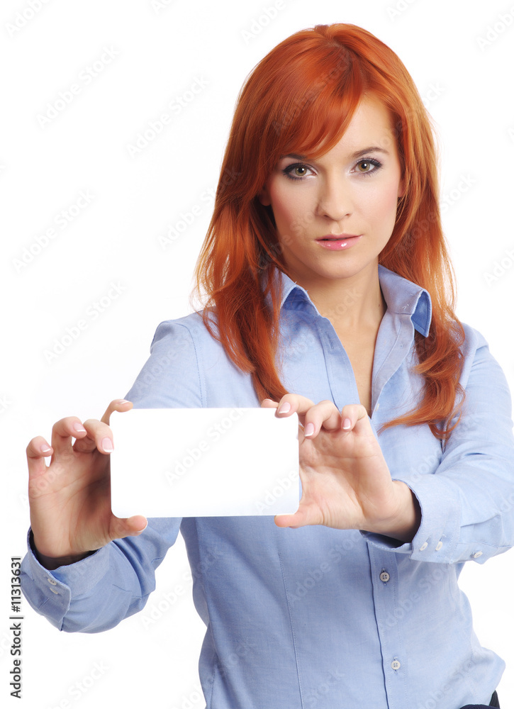 redhead woman presentation blank credit card redhead woman presentation blank credit card