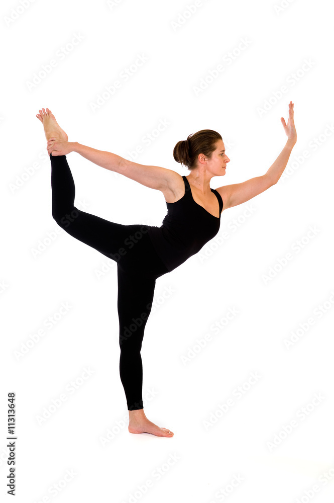 woman in yoga pose on white