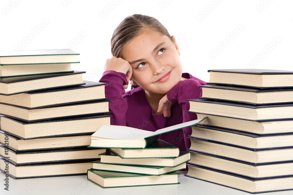 Adorable girl with many books thinking Adorable girl with many books thinking