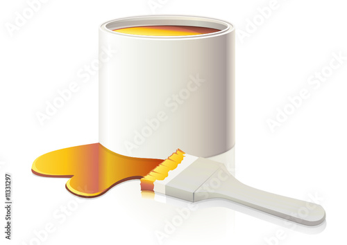 Pot de peinture d'or et son pinceau (reflet)