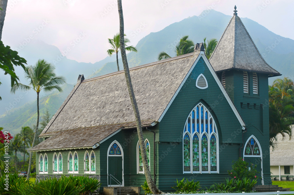 Picturesque green church in Hanalei, Kauai, Hawaii Picturesque green church in Hanalei, Kauai, Hawaii
