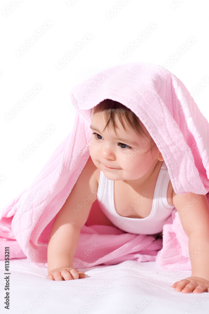 adorable baby girl with pink towel adorable baby girl with pink towel