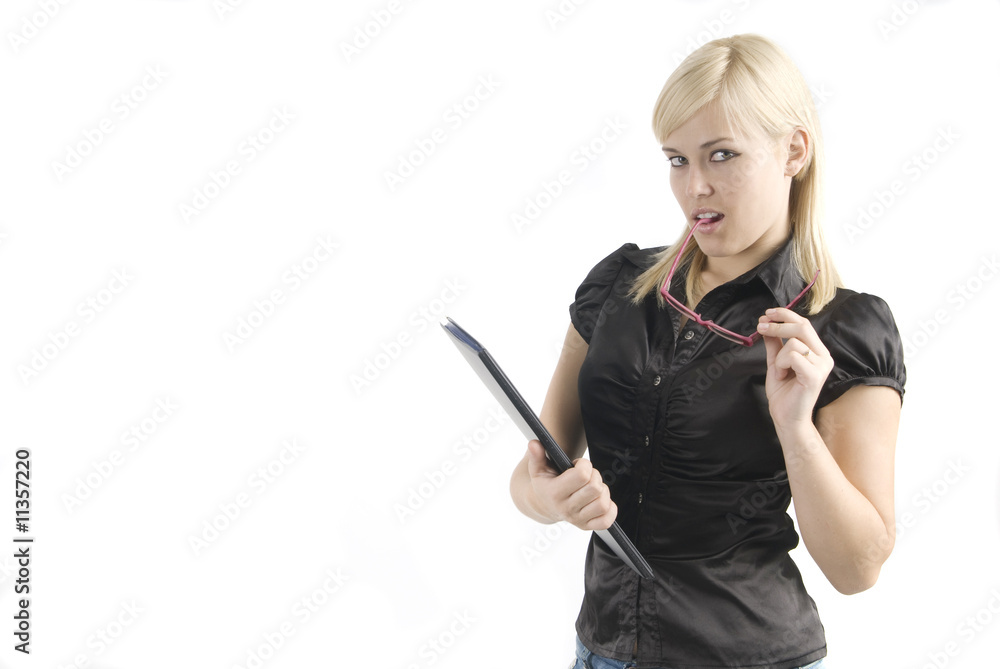 young secretary or business woman isolated in white with pen. young secretary or business woman isolated in white with pen.