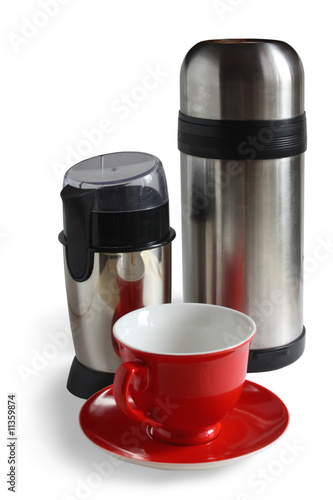 electric coffee grinder with thermos and red cap