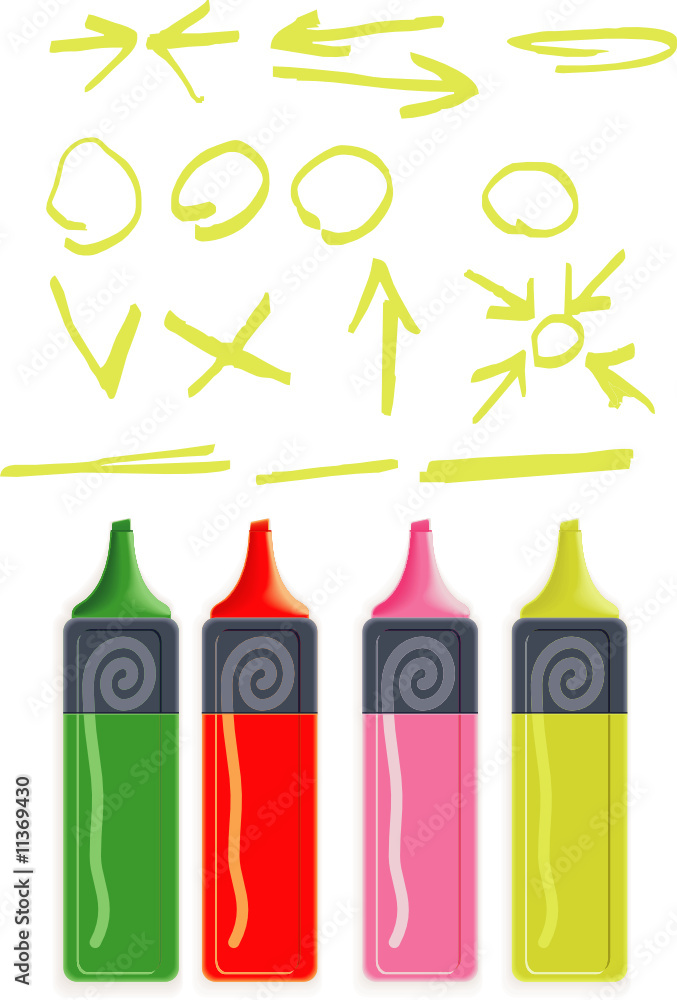 Four vector highlighter marker pens and highlighted areas