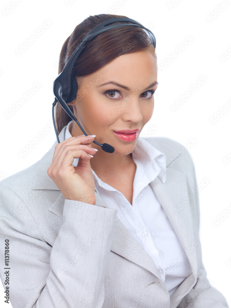 Portrait of beautiful and young business woman with headphones Portrait of beautiful and young business woman with headphones