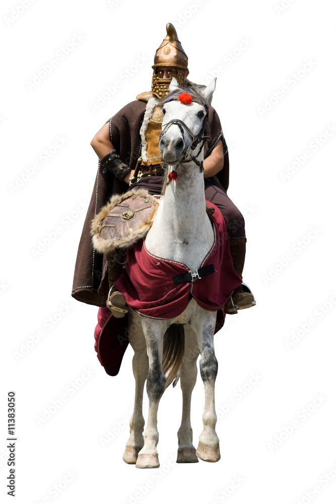 Fotobehang Ridders Oude ruiter bewapend met boogzonsondergangwolken #11383050