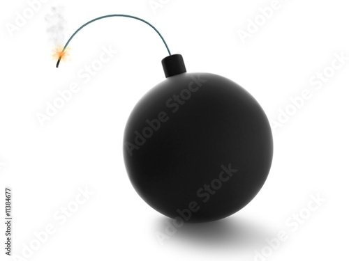Stylized bomb with burning fuse on white background photo