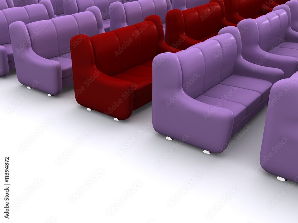Obraz premium red row in violet sofes. 3d